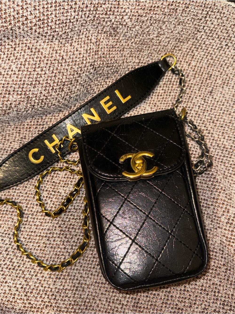 CHANEL Black Quilted Leather Phone Pouch with Gold/silver chain & branded strap